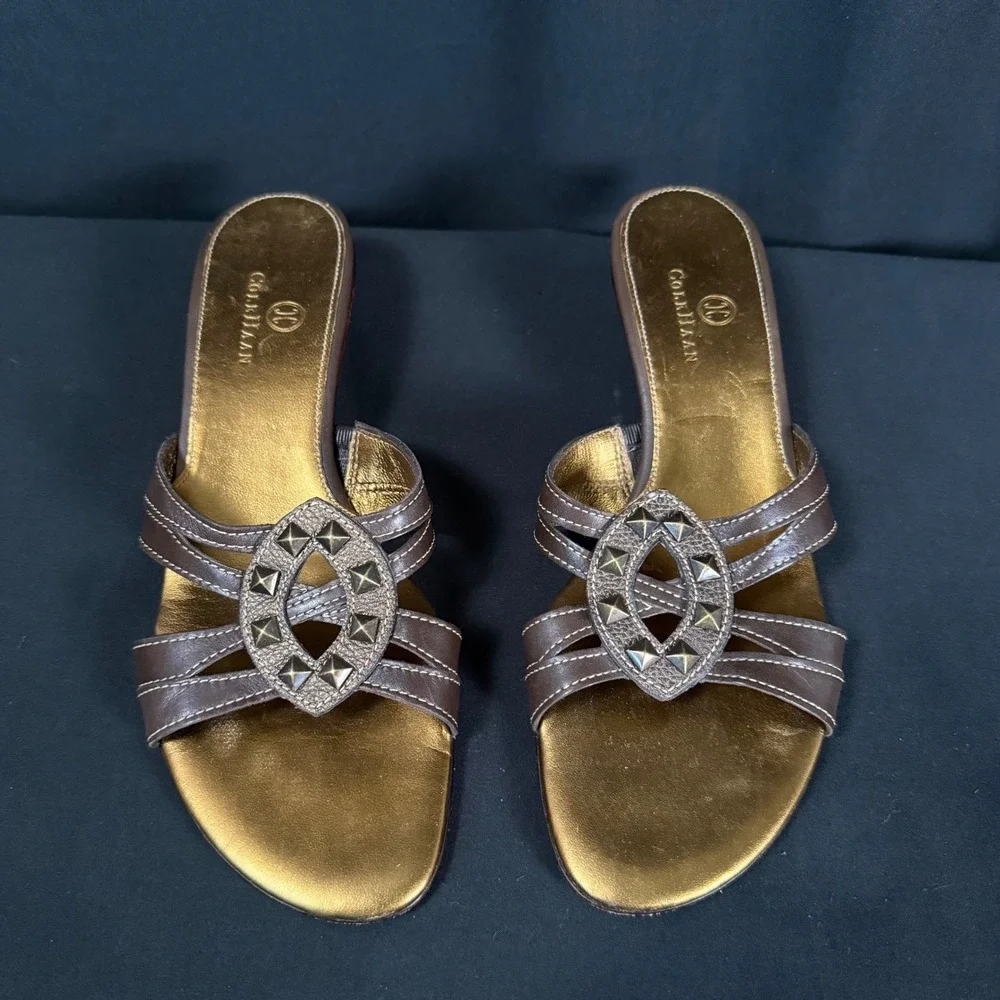 Cole Haan Brown Leather Studded Kitten Heel Slide Sandals D17471 Womens 8.5B